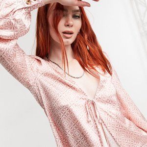 Never Fully Dressed Tie Front Ruffle Satin Blouse